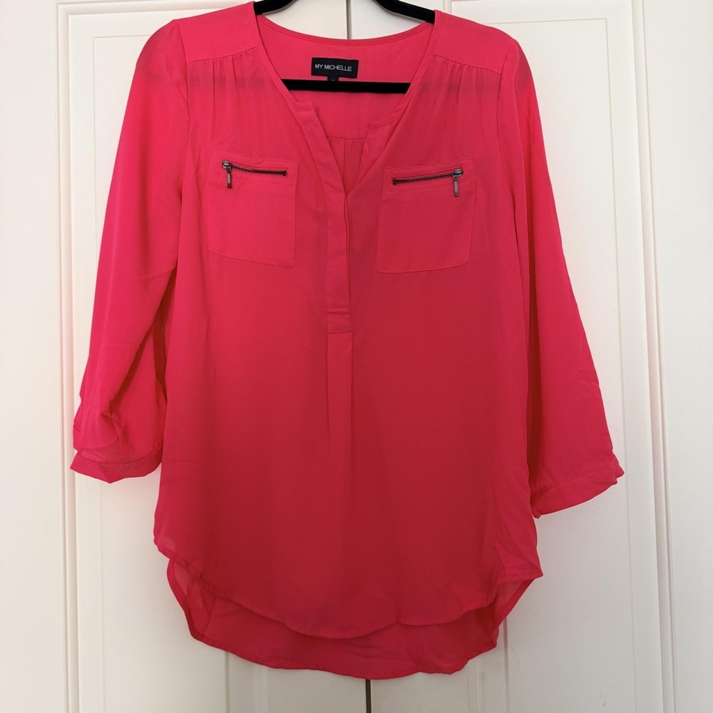 My Michelle Blouse Womens M Hot Pink Sheer Chiffon Henley Zip Pocket Tunic Top